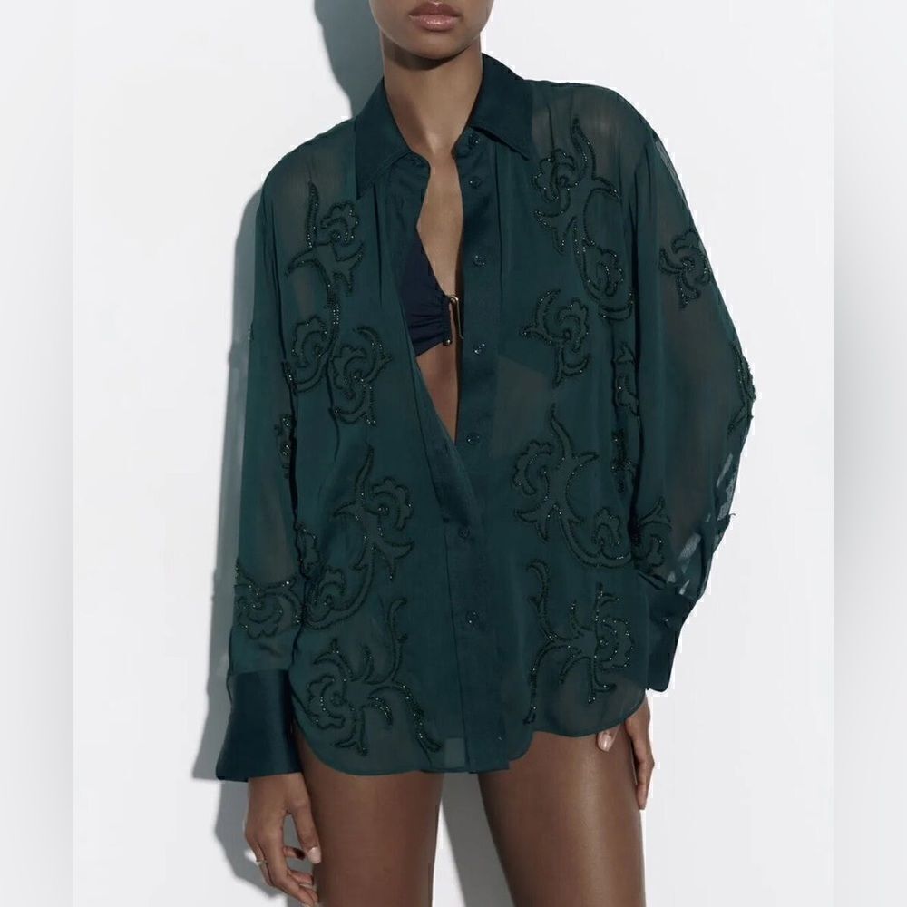 ZARA EMBROIDERED BEADED SEMI-SHEER BLOUSE